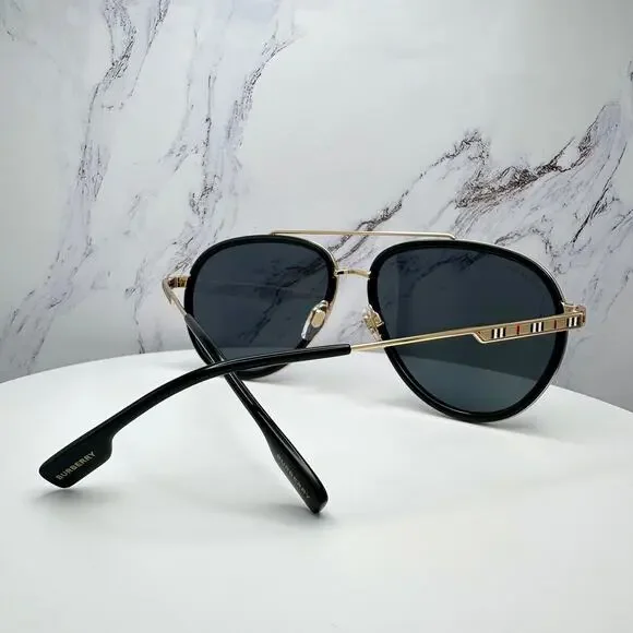 New Burberry Sunglasses Polarized Gold Black Check Arms Aviator Pilot Metal - Picture 12 of 16